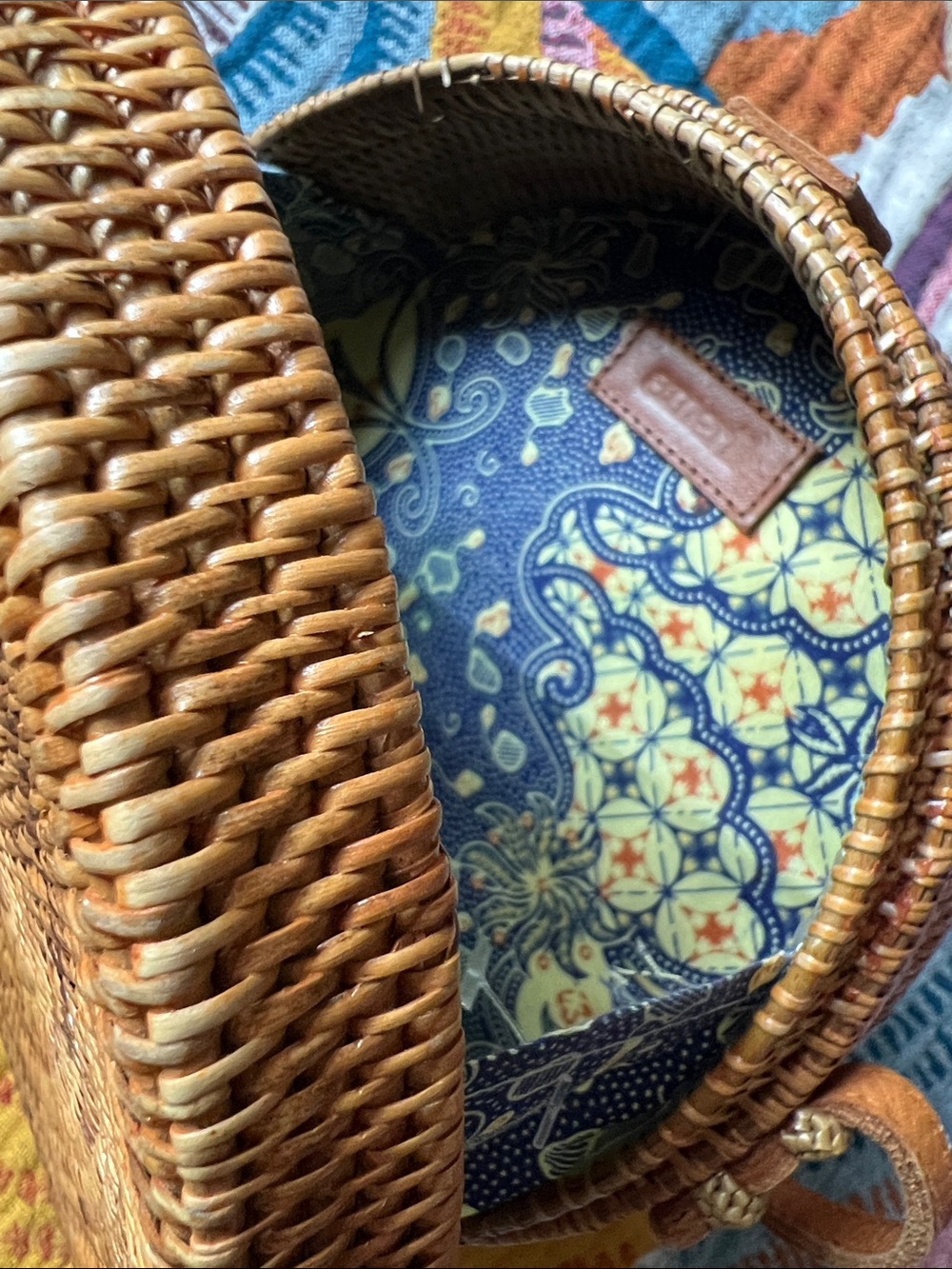 Amerii Rattan Round Woven Crossbody Bag in Tan with Leather Trim - Picture 6 of 11